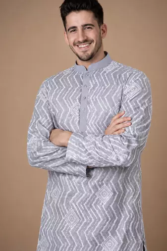 Grey color unique cross pattern white thread embroidery with silver sequence silk men's kurta payjama set