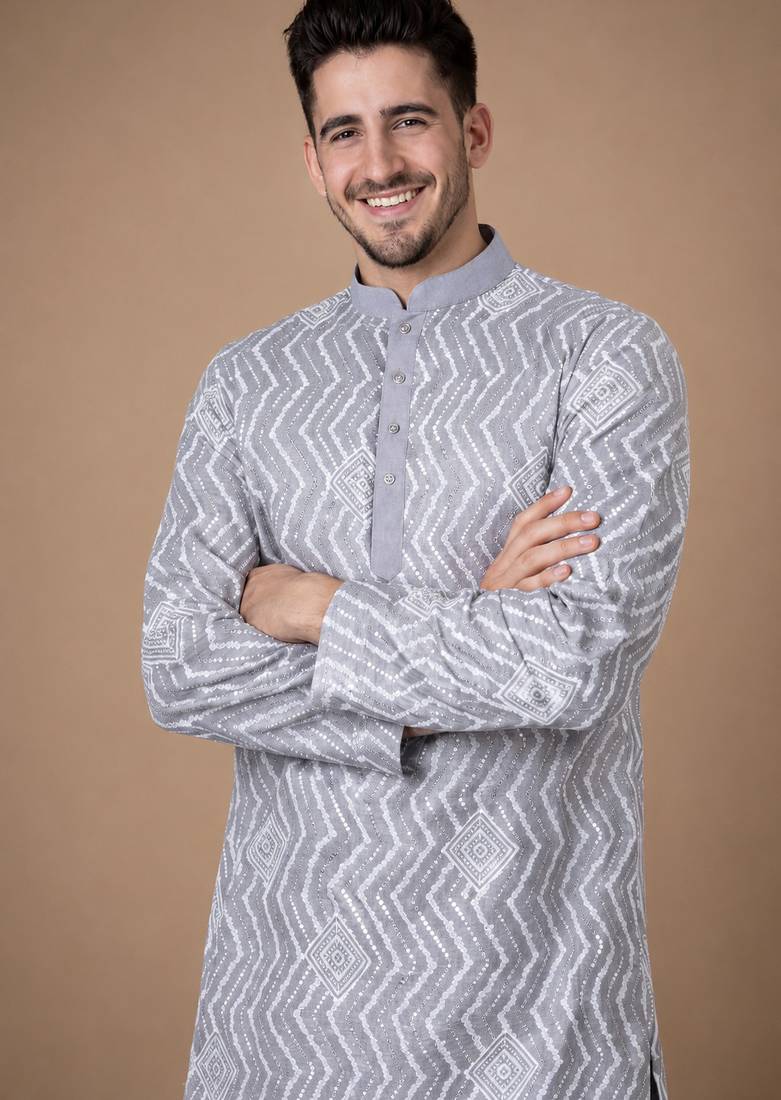 Grey color unique cross pattern white thread embroidery with silver sequence silk men's kurta payjama set