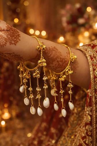 Gold Cowrie Shell Kaleere with Pearl Drops | Bohemian Bridal Bangles for Haldi Mehendi