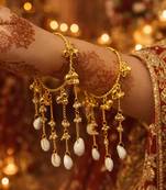 Gold Cowrie Shell Kaleere with Pearl Drops | Bohemian Bridal Bangles for Haldi Mehendi