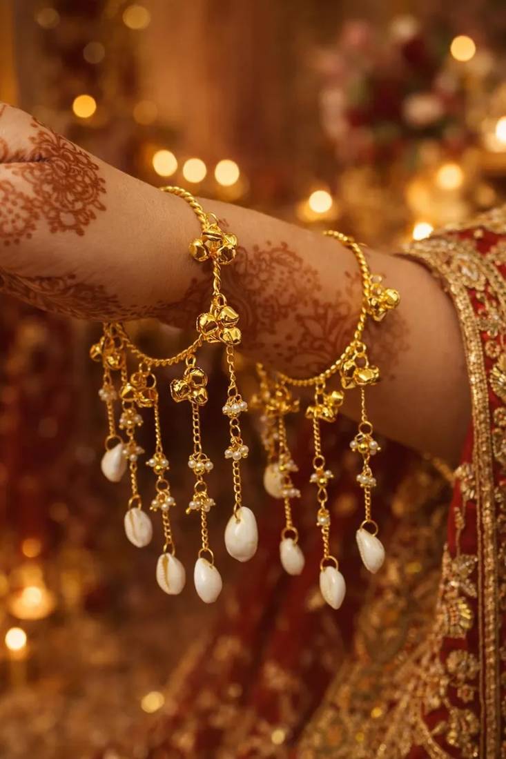 Gold Cowrie Shell Kaleere with Pearl Drops | Bohemian Bridal Bangles for Haldi Mehendi