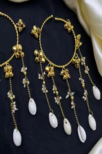 Gold Cowrie Shell Kaleere with Pearl Drops | Bohemian Bridal Bangles for Haldi Mehendi