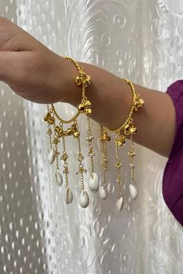 Gold Cowrie Shell Kaleere with Pearl Drops | Bohemian Bridal Bangles for Haldi Mehendi 3