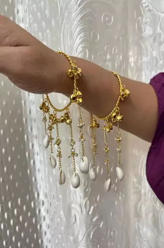 Gold Cowrie Shell Kaleere with Pearl Drops | Bohemian Bridal Bangles for Haldi Mehendi
