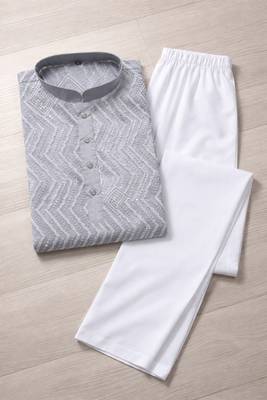 Grey color unique cross pattern white thread embroidery with silver sequence silk men's kurta payjama set 4