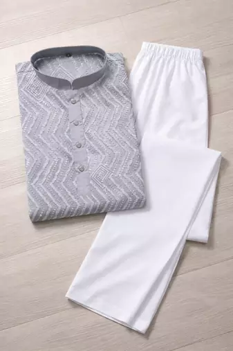 Grey color unique cross pattern white thread embroidery with silver sequence silk men's kurta payjama set