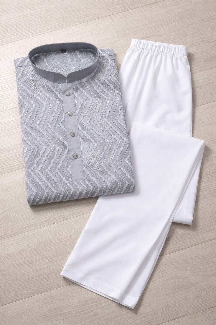 Grey color unique cross pattern white thread embroidery with silver sequence silk men's kurta payjama set