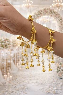 Gold Pearl Ghungroo Bracelet, Kundan Style Hand Chain, Traditional Bridal Bangle 1