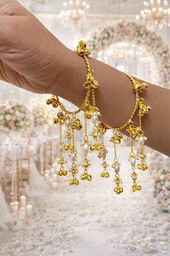 Gold Pearl Ghungroo Bracelet, Kundan Style Hand Chain, Traditional Bridal Bangle