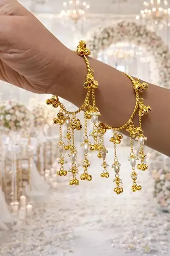 Gold Pearl Ghungroo Bracelet, Kundan Style Hand Chain, Traditional Bridal Bangle