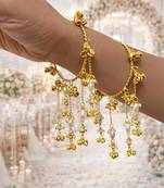 Gold Pearl Ghungroo Bracelet, Kundan Style Hand Chain, Traditional Bridal Bangle