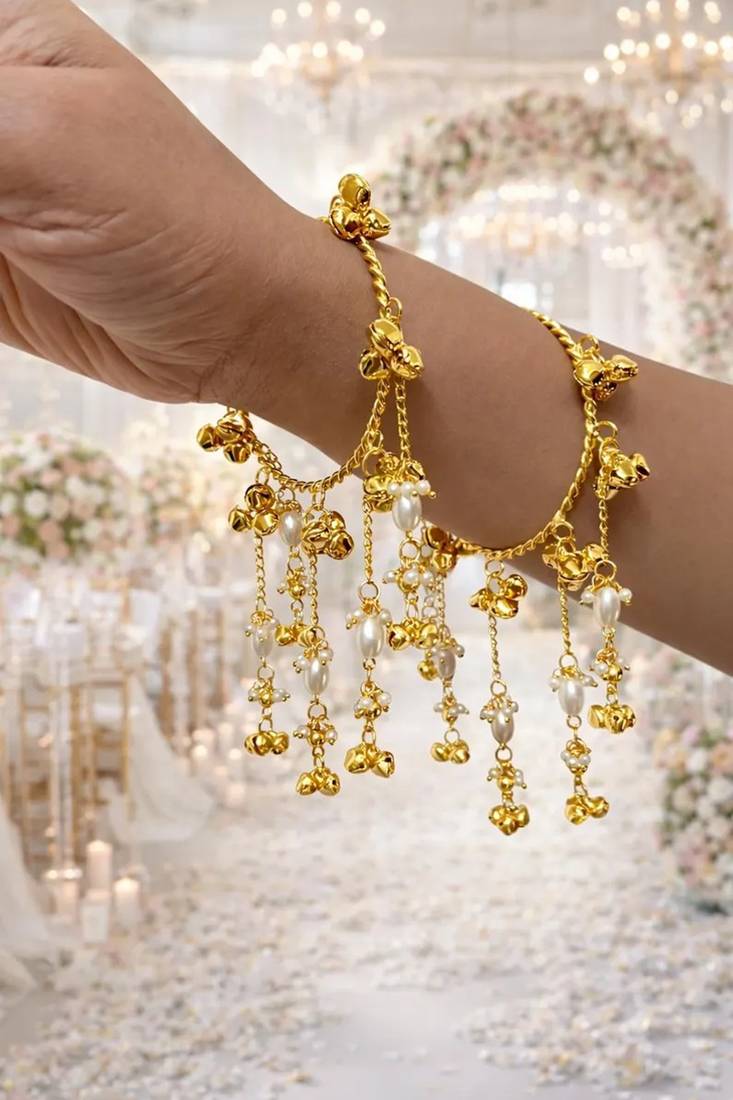Gold Pearl Ghungroo Bracelet, Kundan Style Hand Chain, Traditional Bridal Bangle