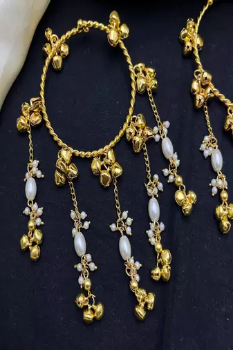 Gold Pearl Ghungroo Bracelet, Kundan Style Hand Chain, Traditional Bridal Bangle