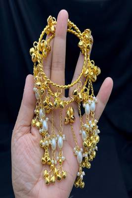 Gold Pearl Ghungroo Bracelet, Kundan Style Hand Chain, Traditional Bridal Bangle 3