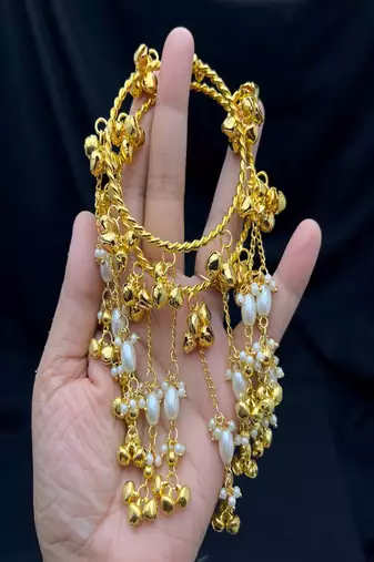 Gold Pearl Ghungroo Bracelet, Kundan Style Hand Chain, Traditional Bridal Bangle