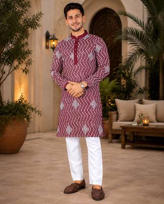 Maroon color unique cross pattern white thread embroidery with silver sequence silk men's kurta payjama set 1