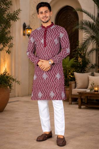 Maroon color unique cross pattern white thread embroidery with silver sequence silk men's kurta payjama set