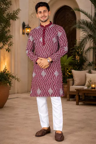 Maroon color unique cross pattern white thread embroidery with silver sequence silk men's kurta payjama set