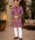 Maroon color unique cross pattern white thread embroidery with silver sequence silk men's kurta payjama set