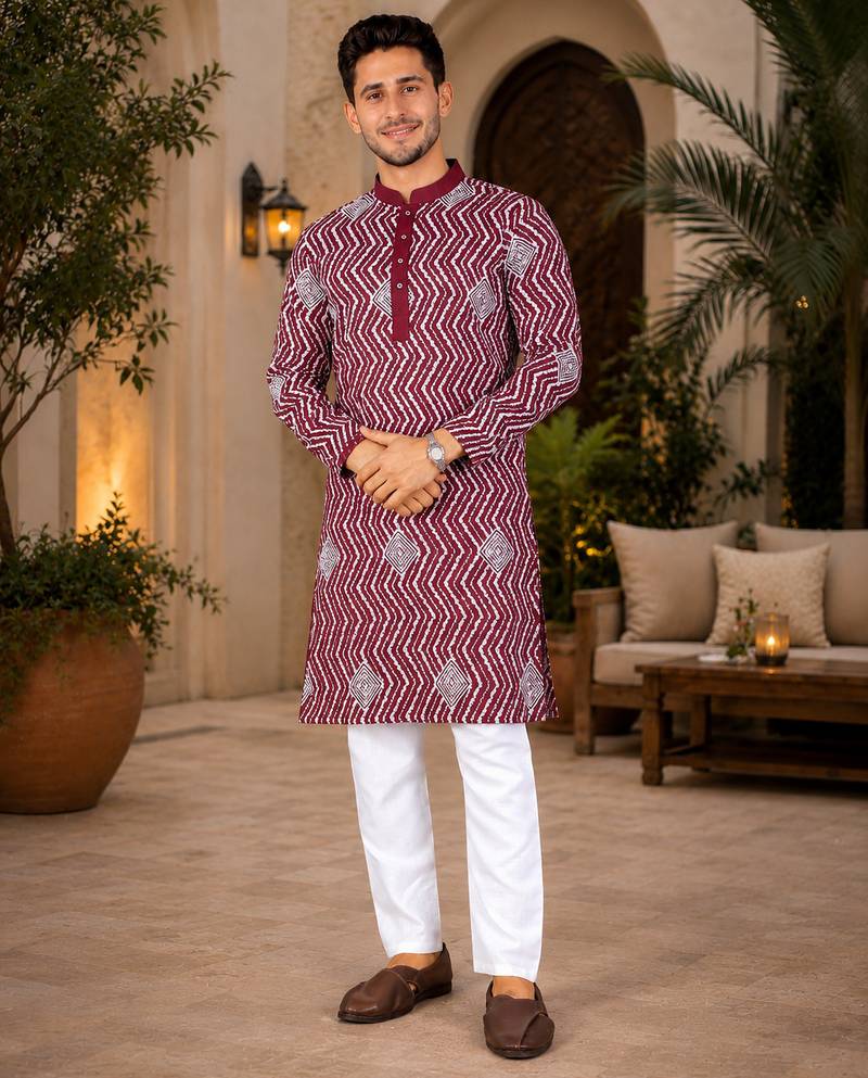 Maroon color unique cross pattern white thread embroidery with silver sequence silk men's kurta payjama set