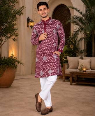 Maroon color unique cross pattern white thread embroidery with silver sequence silk men's kurta payjama set 2