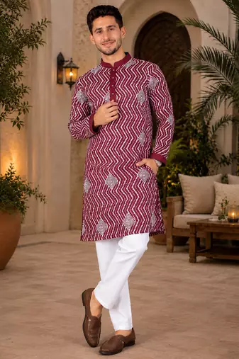 Maroon color unique cross pattern white thread embroidery with silver sequence silk men's kurta payjama set