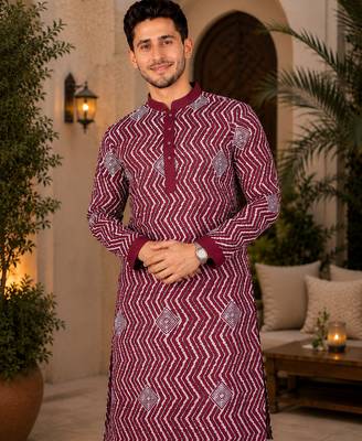 Maroon color unique cross pattern white thread embroidery with silver sequence silk men's kurta payjama set 3