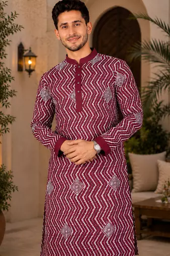 Maroon color unique cross pattern white thread embroidery with silver sequence silk men's kurta payjama set