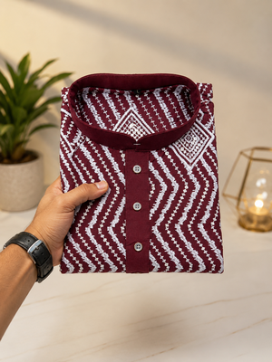 Maroon color unique cross pattern white thread embroidery with silver sequence silk men's kurta payjama set 4