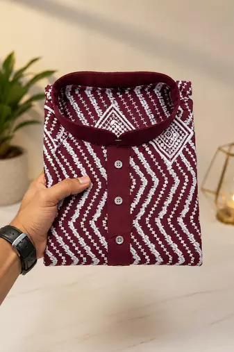 Maroon color unique cross pattern white thread embroidery with silver sequence silk men's kurta payjama set