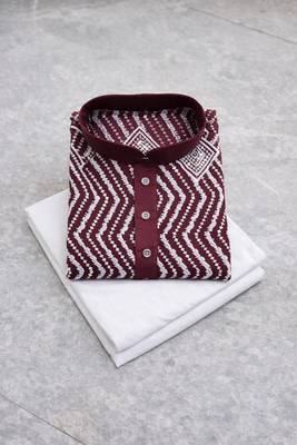 Maroon color unique cross pattern white thread embroidery with silver sequence silk men's kurta payjama set 5