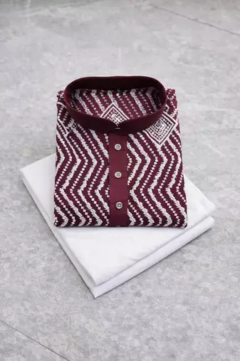 Maroon color unique cross pattern white thread embroidery with silver sequence silk men's kurta payjama set