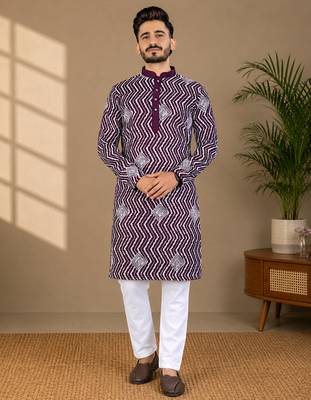 Purple color unique cross pattern white thread embroidery with silver sequence silk men's kurta payjama set 1