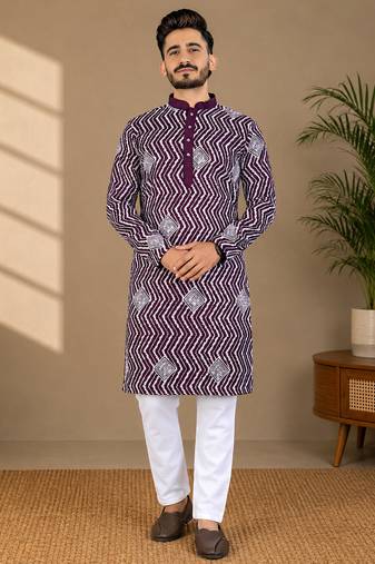 Purple color unique cross pattern white thread embroidery with silver sequence silk men's kurta payjama set