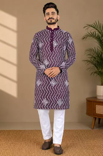 Purple color unique cross pattern white thread embroidery with silver sequence silk men's kurta payjama set