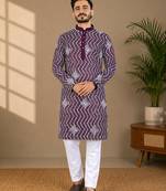 Purple color unique cross pattern white thread embroidery with silver sequence silk men's kurta payjama set