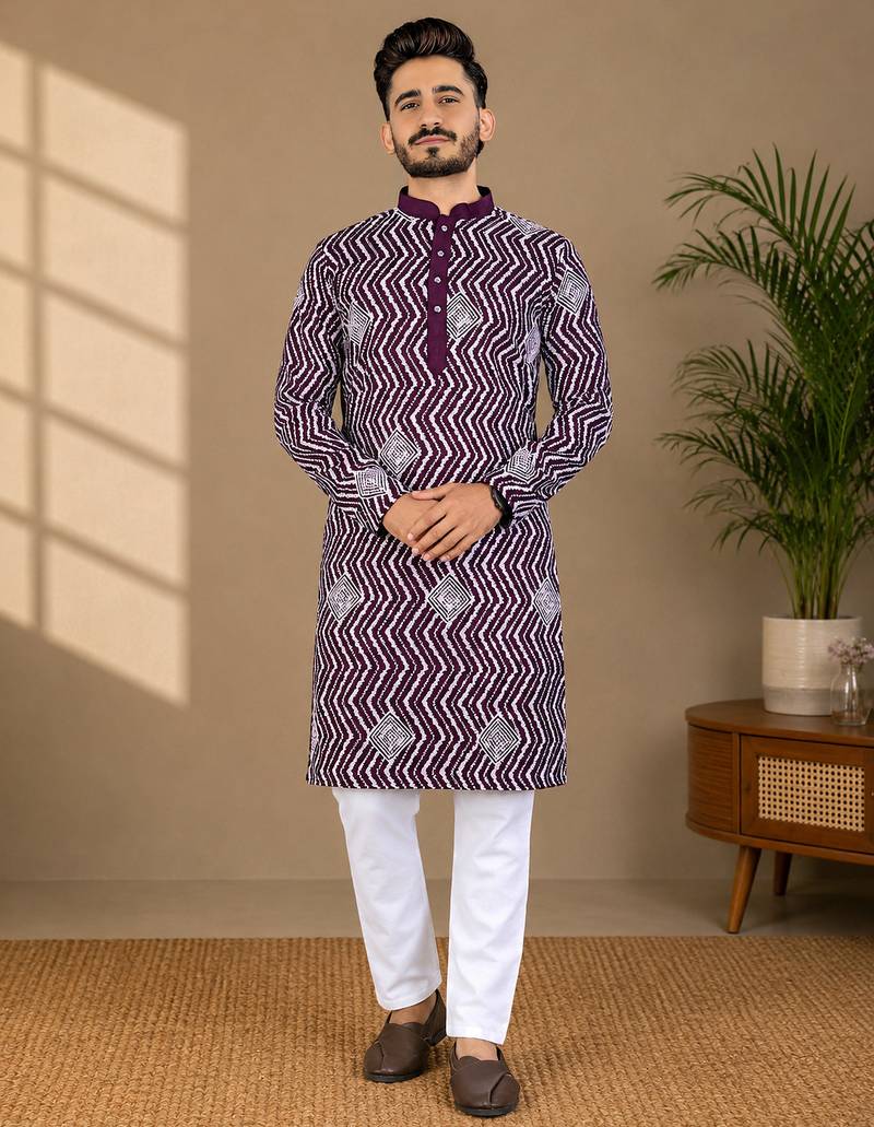 Purple color unique cross pattern white thread embroidery with silver sequence silk men's kurta payjama set