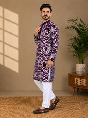 Purple color unique cross pattern white thread embroidery with silver sequence silk men's kurta payjama set 2