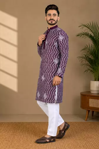 Purple color unique cross pattern white thread embroidery with silver sequence silk men's kurta payjama set