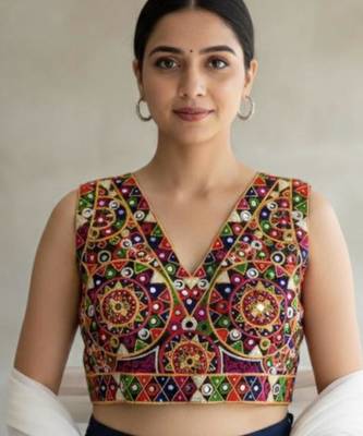 Multicolor embroidered satin v-neck blouse 1