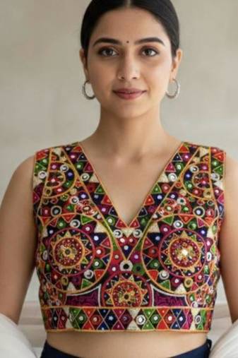 Multicolor embroidered satin v-neck blouse