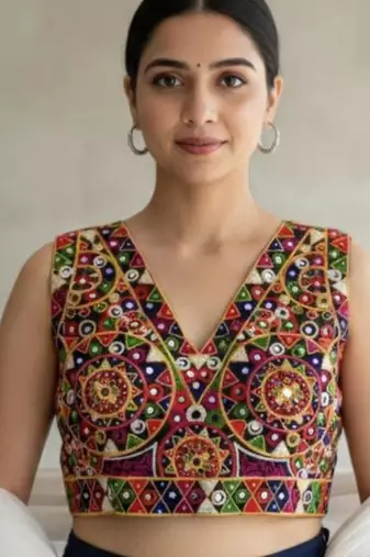 Multicolor embroidered satin v-neck blouse