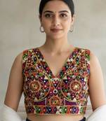 Multicolor embroidered satin v-neck blouse