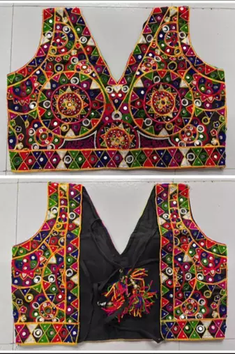 Multicolor embroidered satin v-neck blouse
