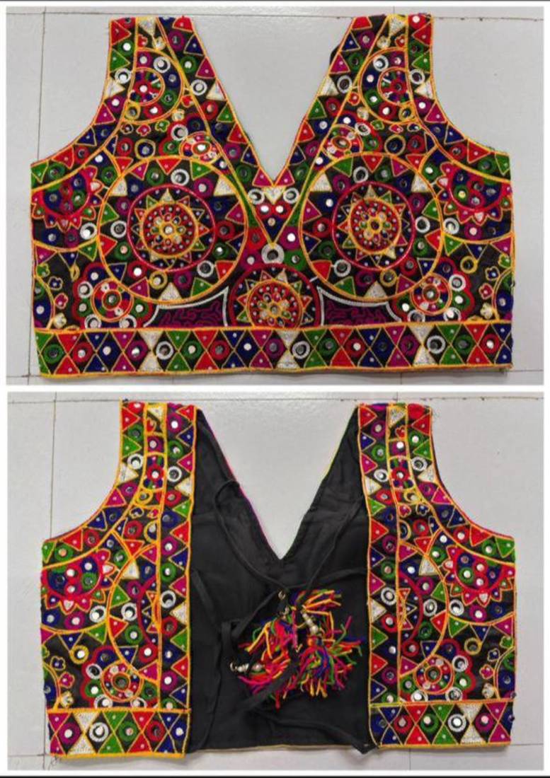 Multicolor embroidered satin v-neck blouse