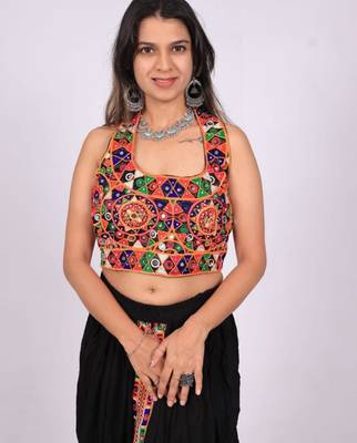 Black embroidered satin u-neck blouse 1