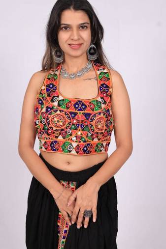 Black embroidered satin u-neck blouse
