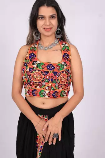 Black embroidered satin u-neck blouse