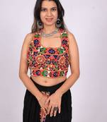 Black embroidered satin u-neck blouse