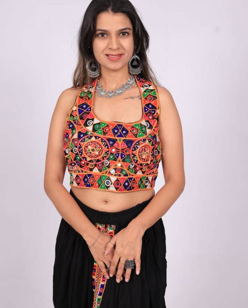 Black embroidered satin u-neck blouse